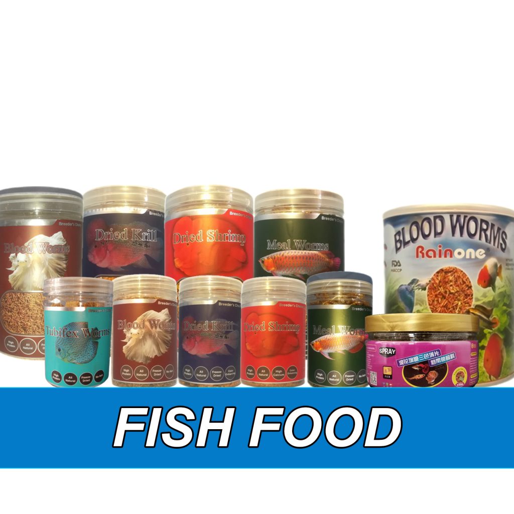 Fish Food, tubifex, mealworms, superworms, bloodworms, spirulina flakes, probiotic goldfish food, arowana, flowerhorn, guppy